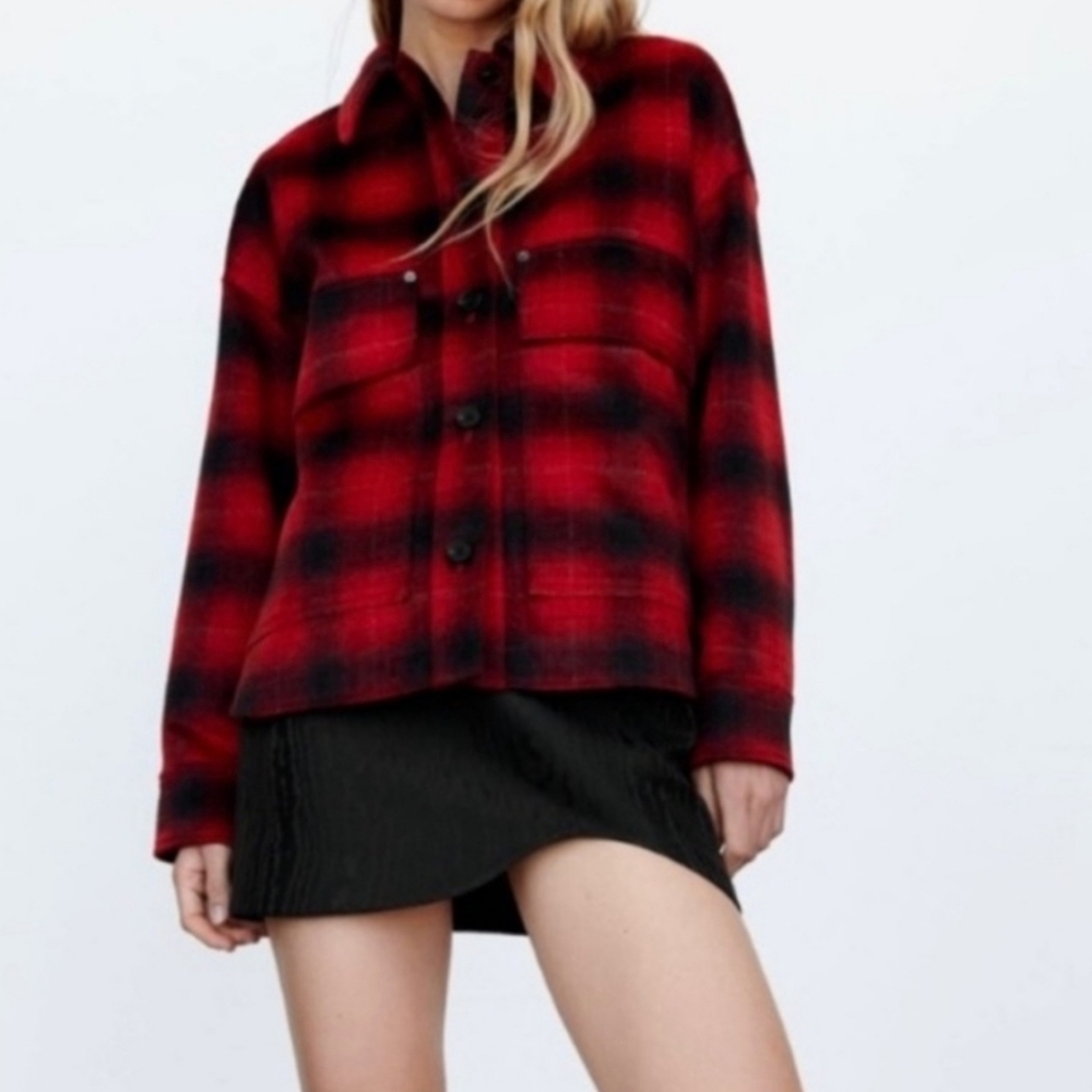 Zara Oversized Tartan Plaid Wool Blend Womens Shirt Jacket Shacket Size M
